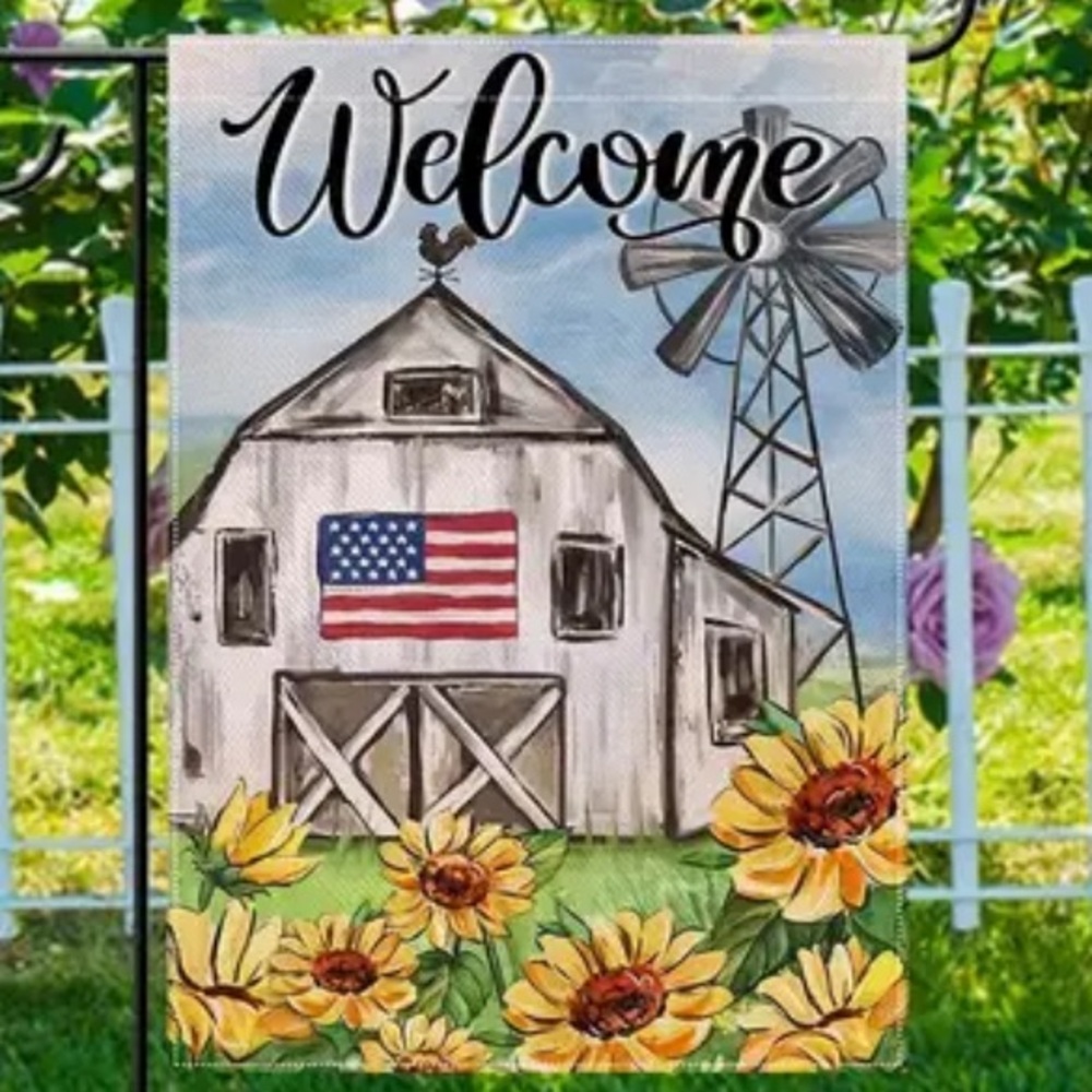 NIP WELCOME  Burlap Garden Flag 12” x 18” WELCOME BARN & WINDMILL